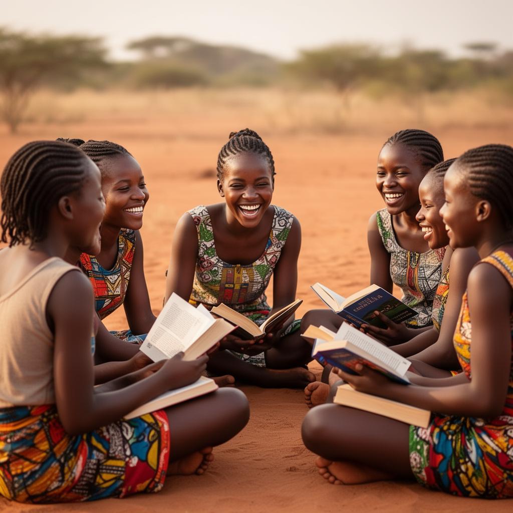 A circle of Kenyan girls reading and laughing together outdoors