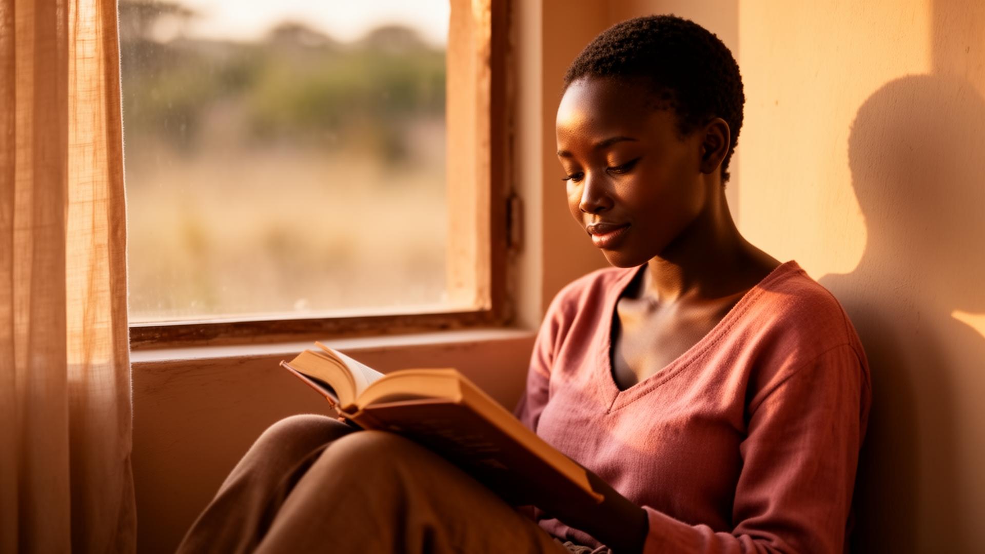 A young Kenyan girl reading a book by a window in golden afternoon light
