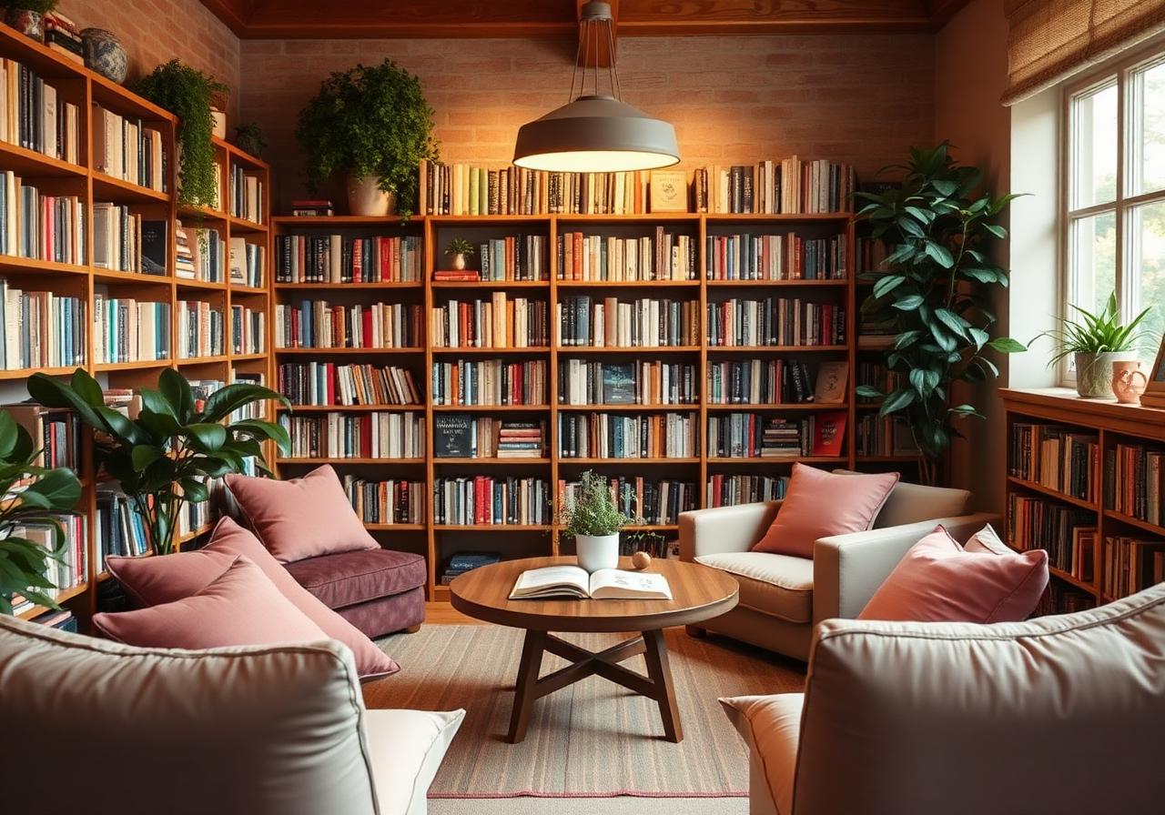 A cozy community library with shelves of books, plants, and warm light